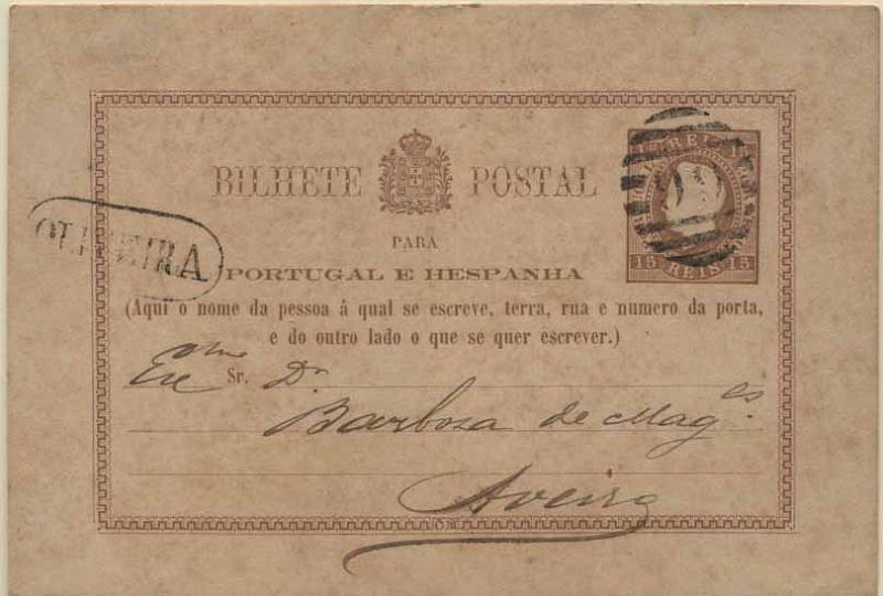 24Lis0754.jpg -     Lote:    754            Portugal       Descrição:         1878/79 &mdash; D. Luís I. Fita direita. Impressão com relevo. OM1, 15 reis castanho-vermelho, circulado de Oliveira de Azeméis (29.12.78) para Aveiro. Carimbo nominativo OLIVEIRA + numérico de barras da 2.ª reforma "99", batidos a preto.        IC       Valor Base:     &euro; 20,00     Valor Venda:     &euro; 42,00     