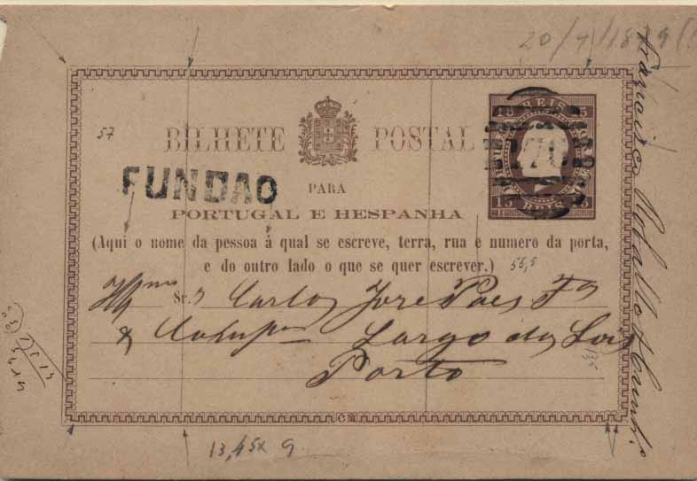 24Lis0759.jpg -     Lote:    759            Portugal       Descrição:         1878/79 &mdash; D. Luís I. Fita direita. Impressão com relevo. OM1, 15 reis castanho-vermelho, circulado de Fundão para o Porto (20.09.79). Carimbo nominativo FUNDAO + numérico de barras da 2.ª reforma "176", batidos a preto.        IC       Valor Base:     &euro; 35,00     Valor Venda:     &euro; 55,00     