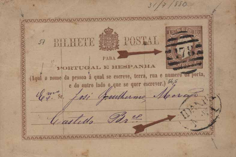 24Lis0760.jpg -     Lote:    760            Portugal       Descrição:         1878/79 &mdash; D. Luís I. Fita direita. Impressão com relevo. OM1, 15 reis castanho-vermelho, circulado de Idanha Nova (31.07.80) para Castelo Branco. Carimbo nominativo IDANHA NOVA + numérico de barras da 2.ª reforma "178", batidos a preto.         IC       Valor Base:     &euro; 20,00     Valor Venda:     &euro; 32,00     