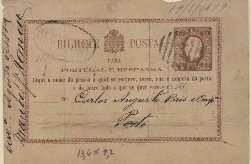 24Lis0761.jpg -     Lote:    761            Portugal       Descrição:         1878/79 &mdash; D. Luís I. Fita direita. Impressão com relevo. OM1, 15 reis castanho-vermelho, circulado de Cerveira (20.08.1879) para o Porto. Carimbo nominativo CERVEIRA + numérico de barras da 2.ª reforma "74", batidos a preto. Dobra horizontal.        IC       Valor Base:     &euro; 15,00     Valor Venda:     &euro; 32,00     