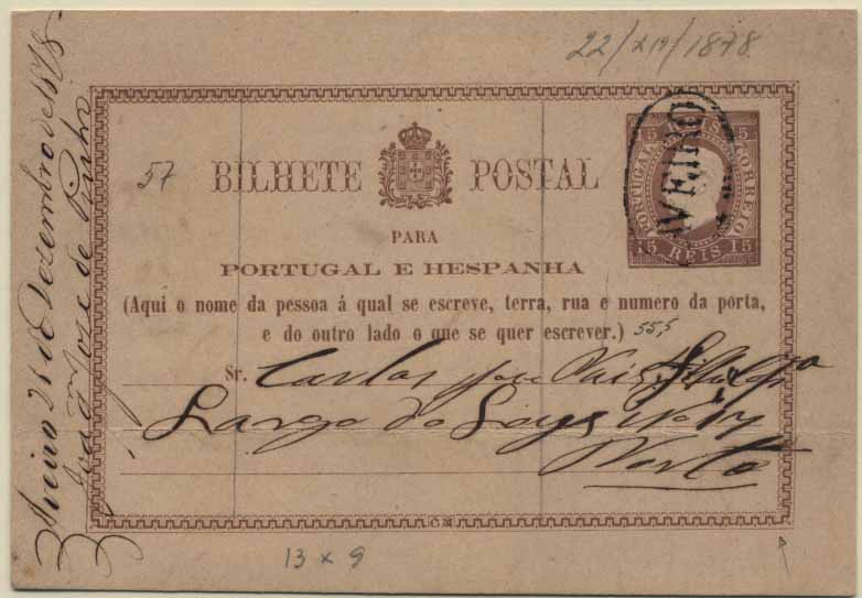 24Lis0763.jpg -     Lote:    763            Portugal       Descrição:         1878/79 &mdash; D. Luís I. Fita direita. Impressão com relevo. OM1, 15 reis castanho-vermelho, circulado de Aveiro (21.12.78) para o Porto (22.12.1878). Carimbo nominativo AVEIRO batido a preto. Ligeira dobra horizontal ao centro.        IC       Valor Base:     &euro; 25,00     Valor Venda:     Retirado     