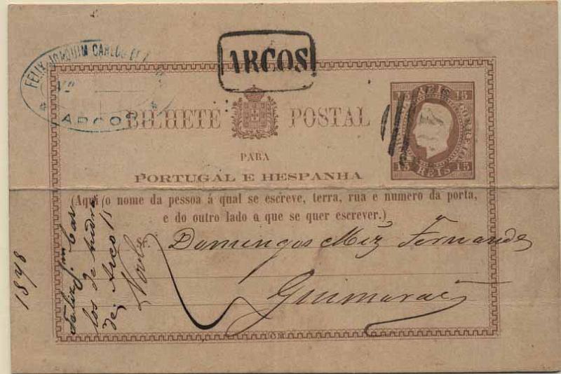 24Lis0765.jpg -     Lote:    765            Portugal       Descrição:         1878/79 &mdash; D. Luís I. Fita direita. Impressão com relevo. OM1, 15 reis castanho-vermelho, circulado de Arcos (15.11.78) para Guimarães (16.11.1878). Carimbo nominativo ARCOS + numérico de barras da 2.ª reforma "48", batidos a preto. Dobra horizontal ao centro.        IC       Valor Base:     &euro; 20,00     Valor Venda:     &euro; 42,00     