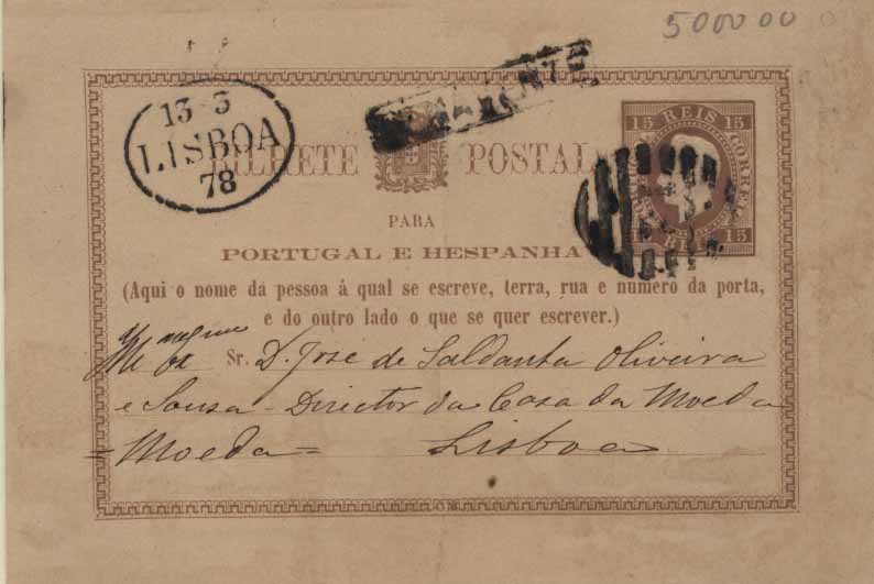 24Lis0768.jpg -     Lote:    768            Portugal       Descrição:         1878/79 &mdash; D. Luís I. Fita direita. Impressão com relevo. OM1, 15 reis castanho-vermelho, circulado de Benavente (12.03.78) para Lisboa (13.03.1878). Carimbo nominativo BENAVENTE + numérico de barras da 2.ª reforma "14", batidos a preto. Dobra vertical ao centro.        IC       Valor Base:     &euro; 20,00     Valor Venda:     &euro; 42,00     