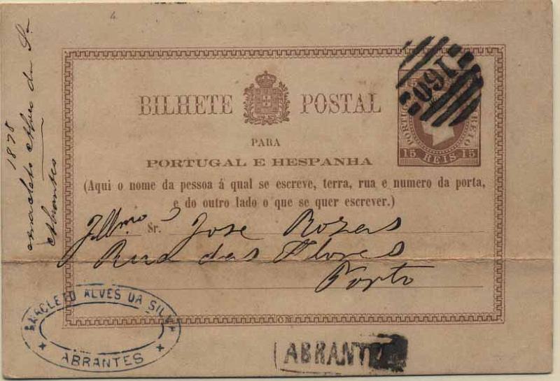 24Lis0769.jpg -     Lote:    769            Portugal       Descrição:         1878/79 &mdash; D. Luís I. Fita direita. Impressão com relevo. OM1, 15 reis castanho-vermelho, circulado de Abrantes para o Porto (27.02.1878). Carimbo nominativo ABRANTES + numérico de barras da 2.ª reforma "160", batidos a preto. Dobra horizontal ao centro.        IC       Valor Base:     &euro; 25,00     Valor Venda:     &euro; 50,00     