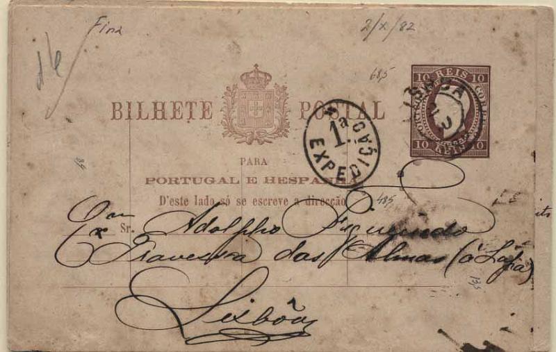 24Lis0770.jpg -     Lote:    770            Portugal       Descrição:         1878/81 &mdash; Lote de 3 inteiros postais. Um OM1 e dois OM7, todos circulados com carimbos da 1.ª, 4.ª e 5.ª Expedição de Lisboa. Inteiros com defeitos. Lote a ver.        Lote       Valor Base:     &euro; 15,00     Valor Venda:     Retirado     
