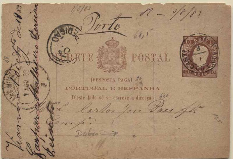 24Lis0771.jpg -     Lote:    771            Portugal       Descrição:         1880/81 &mdash; D. Luís I, fita direita. Impressão em relevo. OM8, 10+10 reis castanho-vermelho claro, cartolina camurça. 2.ª folha "Resposta Paga" circulada de Viana do Castelo (01.08.83) para o Porto. Carimbo da 3.ª Expedição do Porto batido a preto. Pequenos defeitos no bordo superior e dobra ao centro.        IC       Valor Base:     &euro; 15,00     Valor Venda:     &euro; 15,00     