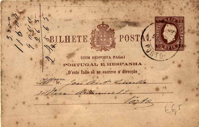 24Lis0772.jpg -     Lote:    772            Portugal       Descrição:         1880/81 &mdash; D. Luís I. OM8, 10+10 reis castanho-vermelho claro (folha dobrada à esquerda). 1.ª folha circulada no Porto (05.03.1884). No verso carimbo batido a preto "2.ª EXPEDIÇÃO". Inteiro com manchas.        IC       Valor Base:     &euro; 20,00     Valor Venda:     Retirado     