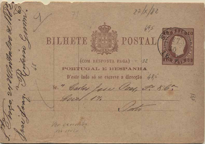 24Lis0773.jpg -     Lote:    773            Portugal       Descrição:         1880/81 &mdash; D. Luís I, fita direita. Impressão em relevo. OM8, 10+10 reis castanho-vermelho claro, cartolina camurça. 1.ª folha "Com Resposta Paga" circulada de Santo Tirso (27.10.1882) para o Porto. Carimbo da 3.ª Expedição do Porto batido no verso. Pequenos defeitos no bordo superior.        IC       Valor Base:     &euro; 15,00     Valor Venda:     &euro; 15,00     