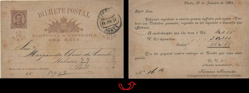 24Lis0774.jpg -     Lote:    774            Portugal       Descrição:         1884/87 &mdash; D. Luís I de frente. OM9, 10 reis castanho claro, circulado no Porto (26.01.1891), repicado no verso por HERMANN BURMESTER / CONSIGNATÁRIO DO VAPOR ALEMÃO "CINTRA".        IC       Valor Base:     &euro; 15,00     Valor Venda:     &euro; 15,00     