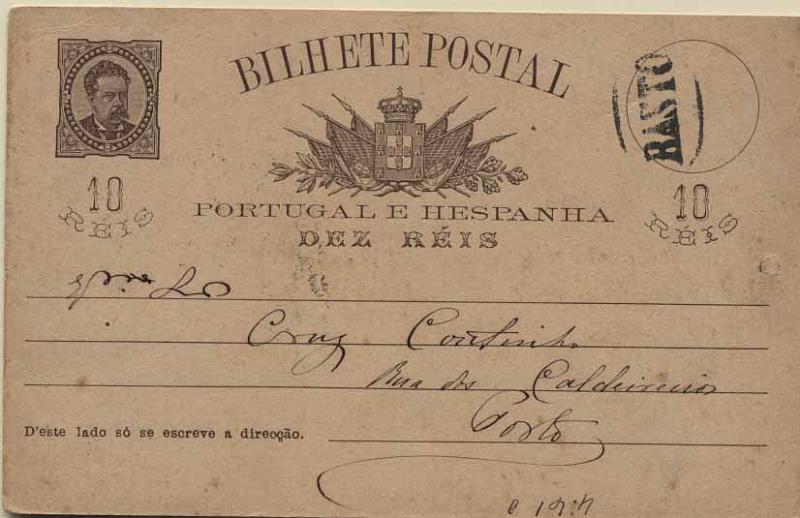 24Lis0775.jpg -     Lote:    775            Portugal       Descrição:         1884/87 &mdash; D. Luís I de frente. OM9, 10 reis castanho claro, circulado de Celorico de Basto (05.09.86) para o Porto (06.09). Carimbo nominativo BASTO batido a preto. Inteiro com furo de espigão.        IC       Valor Base:     &euro; 20,00     Valor Venda:     &euro; 24,00     