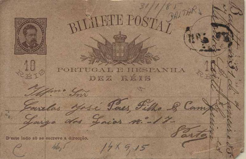24Lis0776.jpg -     Lote:    776            Portugal       Descrição:         1884/87 &mdash; D. Luís I de frente. OM9, 10 reis castanho claro, circulado de Baltar para o Porto (01.02.85). Carimbo nominativo BALTAR batido a preto. Defeitos no bordo superior e canto inferior direito.        IC       Valor Base:     &euro; 20,00     Valor Venda:     &euro; 20,00     