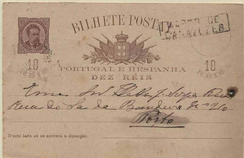 24Lis0777.jpg -     Lote:    777            Portugal       Descrição:         1884/87 &mdash; D. Luís I de frente. OM9, 10 reis castanho claro, circulado de Marco de Canavezes (10.07.87) para o Porto (10.07.87). Carimbo nominativo MARCO DE CANAVEZES batido a preto. Inteiro com furo de espigão.        IC       Valor Base:     &euro; 10,00     Valor Venda:     &euro; 22,00     