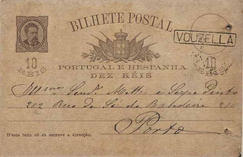 24Lis0778.jpg -     Lote:    778            Portugal       Descrição:         1884/87 &mdash; D. Luís I de frente. OM9, 10 reis castanho claro, circulado de Vouzela (24.06.85) para o Porto (25.06.85). Carimbo nominativo VOUZELLA batido a preto. Inteiro com furo de espigão.        IC       Valor Base:     &euro; 20,00     Valor Venda:     &euro; 20,00     