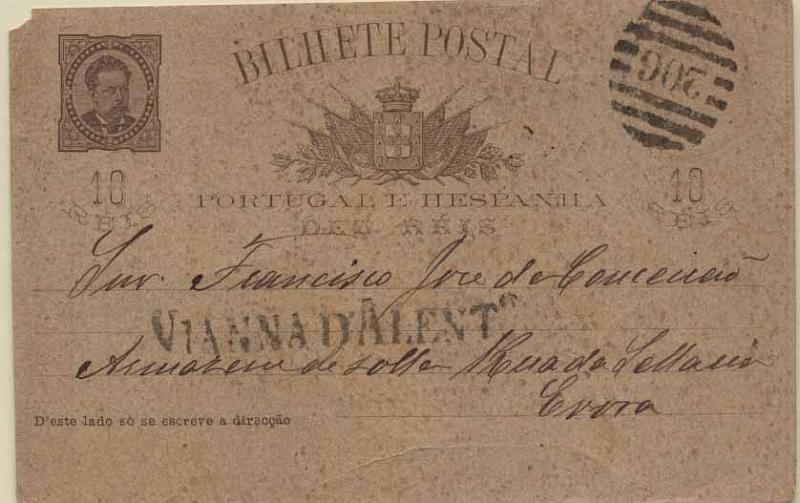 24Lis0780.jpg -     Lote:    780            Portugal       Descrição:         1884/87 &mdash; D. Luís I de frente. OM9, 10 reis castanho claro, circulado de Viana do Alentejo (02.02.85) para o Évora (02.02.85). Carimbo nominativo VIANNA D'ALENTº + numérico da 2.ª reforma 206 batidos a preto. Inteiro com canto partido. MB e MR.        IC       Valor Base:     &euro; 30,00     Valor Venda:     &euro; 55,00     