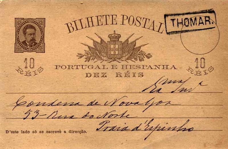 24Lis0783.jpg -     Lote:    783            Portugal       Descrição:         1884/87 &mdash; D. Luís, de frente. OM9, 10 reis castanho sobre cartolina camurça, circulado de Tomar (15.09.85) para Espinho. Carimbo nominativo batido a preto THOMAR.        IC       Valor Base:     &euro; 8,00     Valor Venda:     &euro; 18,00     