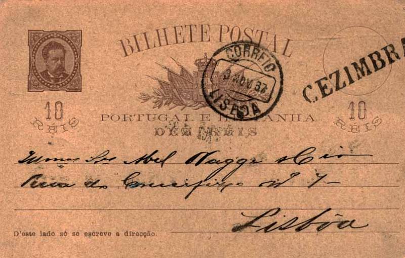 24Lis0784.jpg -     Lote:    784            Portugal       Descrição:         1884/87 &mdash; D. Luís, de frente. OM9, 10 reis castanho sobre cartolina camurça, circulado de Cesimbra (02.11.87) para Lisboa (03.11.87). Carimbo nominativo batido a preto de CEZIMBRA. MB.        IC       Valor Base:     &euro; 30,00     Valor Venda:     &euro; 38,00     