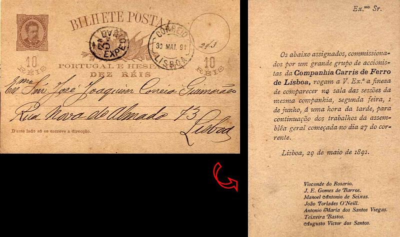 24Lis0785.jpg -     Lote:    785            Portugal       Descrição:         1884/87 &mdash; D. Luís I, de frente. OM9, 10 reis, castanho vermelho claro, circulado em Lisboa (30.05.1891). Carimbo da 3.ª Expedição. Repicado pela Companhia de Carris de Ferro de Lisboa, com convocatória para Assembleia Geral. MB e MR.        IC       Valor Base:     &euro; 20,00     Valor Venda:     &euro; 20,00     