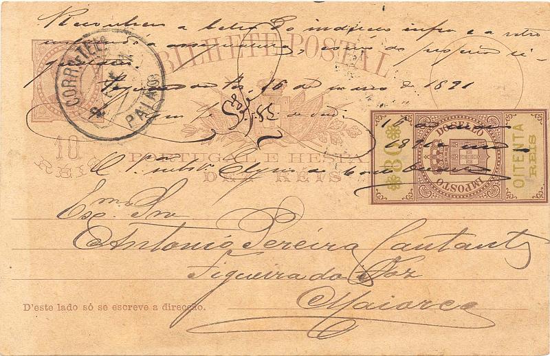 24Lis0786.jpg -     Lote:    786            Portugal       Descrição:         1884/87 - D. Luís I, de frente. OM 9, 10 reis castanho, cartolina creme, circulado de Paião (24.02.91) para Maiorca, Figueira da Foz (25.02.91). Imposto do Selo de 80 réis confirmando recebimento de Letra         IC       Valor Base:     &euro; 75,00     Valor Venda:     &euro; 140,00     