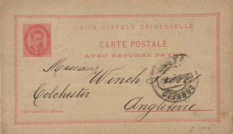 24Lis0787.jpg -     Lote:    787            Portugal       Descrição:         1884/87 &mdash; D. Luís I de frente. OM12, 20+20 reis rosa, circulado do Porto (26.04.1895) para Inglaterra (29.04.1895). Repicado no verso da 1.ª folha por MIRANDA E SILVA.        IC       Valor Base:     &euro; 15,00     Valor Venda:     &euro; 15,00     