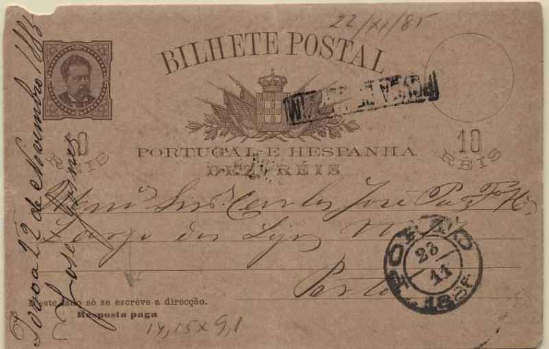 24Lis0789.jpg -     Lote:    789            Portugal       Descrição:         1884/87 &mdash; D. Luís I de frente. OM11, 10+10 reis castanho claro. 2.ª folha (Resposta Paga) circulada da Póvoa de Varzim (22.11.1885) para o Porto (22.11.87). Carimbo nominativo POVOA DE VARZIM batido a preto. Pequeno defeito no bordo superior.        IC       Valor Base:     &euro; 10,00     Valor Venda:     &euro; 10,00     