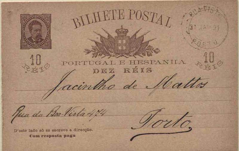 24Lis0790.jpg -     Lote:    790            Portugal       Descrição:         1884/87 &mdash; D. Luís I de frente. OM11, 10+10 reis castanho. Inteiro completo com as duas folhas, circulado no Porto (31.01.1891). Carimbo de "BOA-VISTA / PORTO) batido a preto.        IC       Valor Base:     &euro; 20,00     Valor Venda:     Retirado     
