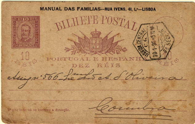 24Lis0792.jpg -     Lote:    792            Portugal       Descrição:         1892/95 &mdash; D. Carlos I tipo Diogo Neto. OM13, 10 reis lilás castanho, em cartolina camurça, circulado de Lisboa (30.01.96) para Coimbra. Repicado por "MANUAL DAS FAMÍLIAS &mdash; RUA IVENS, 41 1.º - LISBOA ". Raro.        IC       Valor Base:     &euro; 20,00     Valor Venda:     &euro; 20,00     