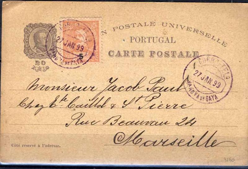 24Lis0793.jpg -     Lote:    793            Portugal       Descrição:         1898 &mdash; 4.º Centenário do Descobrimento do Caminho Marítimo para a Índia. OM30C, 20 reis violeta-cinzento (Sé de Lisboa), circulado de Vila Nova de Gaia (27.01.99) para Marselha, com selo adicional de 5 reis D. Carlos I Mouchon. MB.        IC       Valor Base:     &euro; 16,00     Valor Venda:     Retirado     