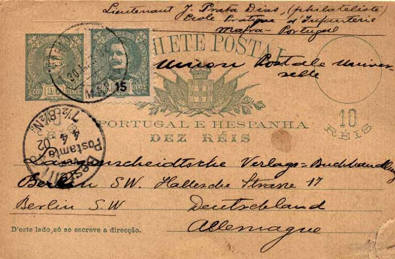 24Lis0796.jpg -     Lote:    796            Portugal       Descrição:         1896 &mdash; D. Carlos I Mouchon. OM23, 10 reis verde sobre camurça rosada, circulado de Mafra (30.03.02) para a Alemanha (04.04.02) com selo adicional de 15 reis verde D. Carlos I Mouchon CE140.        IC       Valor Base:     &euro; 15,00     Valor Venda:     Retirado     