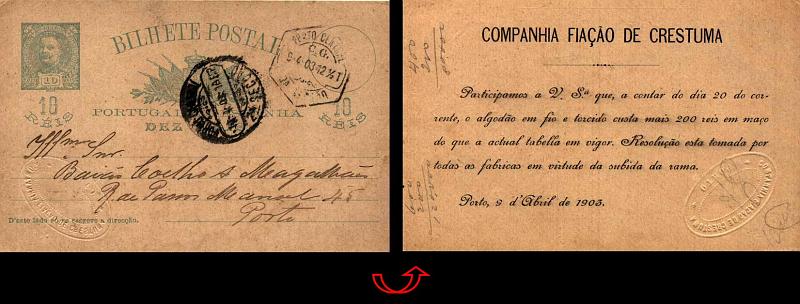 24Lis0797.jpg -     Lote:    797            Portugal       Descrição:         1896 &mdash; D. Carlos I tipo Mouchon. OM23, 10 reis verde escuro, circulado no Porto (09.04.03). Repicado no verso pela COMPANHIA FIAÇÃO DE CRESTUMA. MB e MR.        IC       Valor Base:     &euro; 15,00     Valor Venda:     &euro; 15,00     