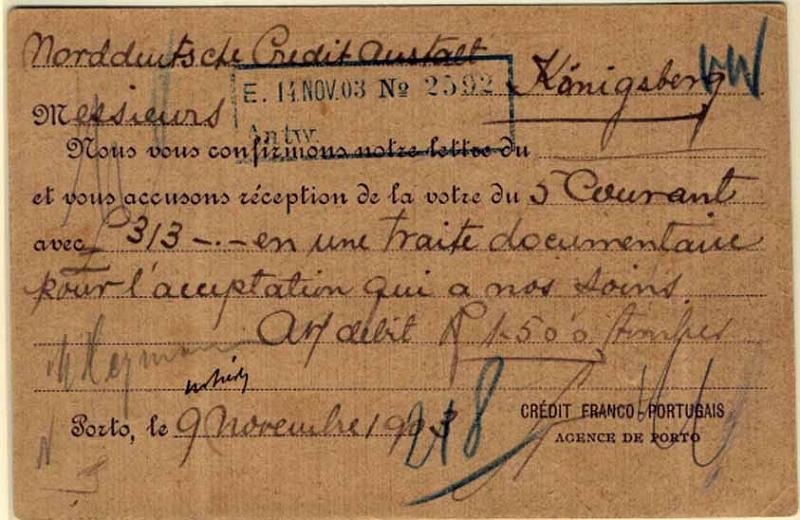 24Lis0798.jpg -     Lote:    798            Portugal       Descrição:         1900/04 &mdash; D. Carlos I Mouchon. OM36, 25 reis rosa sobre cartolina camurça, circulado do Porto (09.11.03) para a Alemanha (13.11.03). Repicado pelo CREDIT FRANCO-PORTUGAIS / AGENDE DE PORTO.        IC       Valor Base:     &euro; 12,00     Valor Venda:     &euro; 12,00     