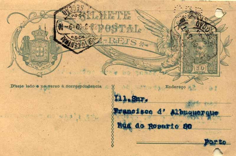 24Lis0800.jpg -     Lote:    800            Portugal       Descrição:         1907/1908 &mdash; D. Carlos I Mouchon, com legenda DEZ REIS. OM44, 10 reis verde-azul sobre cartolina creme, circulado de Lisboa (27.03.1909) para o Porto (28.03.1909). Perfurado com "CFP &mdash; Credit Franco-Portugais". Inteiro com furos de arquivo.        IC       Valor Base:     &euro; 15,00     Valor Venda:     Retirado     