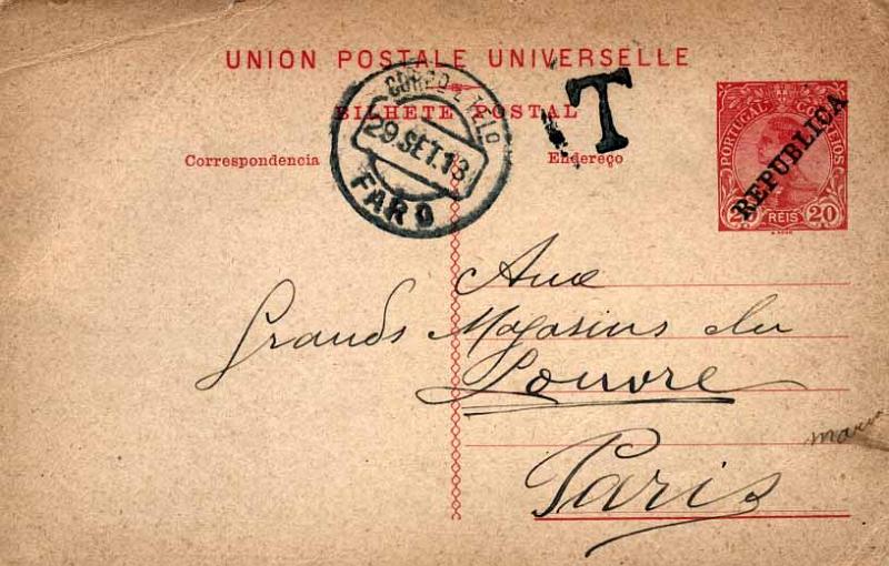 24Lis0802.jpg -     Lote:    802            Portugal       Descrição:         1910 &mdash; D. Manuel II com sobrecarga REPUBLICA. OM53, 20 reis carmim, circulado de Faro (29.09.13) para Paris. Porteado por na data de circulação já terem sido retirados de circulação.        IC       Valor Base:     &euro; 20,00     Valor Venda:     Retirado     