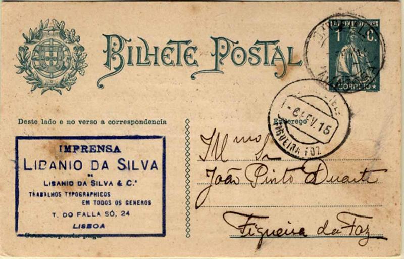 24Lis0803.jpg -     Lote:    803            Portugal       Descrição:         1912 &mdash; Ceres, com Escudo Nacional à esquerda. OM59, 1C verde escuro sobre cartolina branca, circulado da Amadora (05.02.15) para a Figueira da Foz (06.02.15). Repicado no verso por "LIBANIO DA SILVA & C.ª / GUIA RESUMIDO DA ORTOGRAFIA OFICIAL. Raro.        IC       Valor Base:     &euro; 10,00     Valor Venda:     &euro; 10,00     