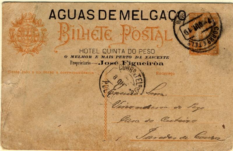 24Lis0804.jpg -     Lote:    804            Portugal       Descrição:         1918/1920 &mdash; Ceres. Aumento de porte. OM61, 2c ocre sobre cartolina camurça, circulado da Quinta do Peso (07.10.19) para Paredes de Coura (08.10.19). Inteiro repicado por "ÁGUAS DE MELGAÇO / HOTEL QUINTA DO PESO". Dobra vertical no lado esquerdo do inteiro. Raro.        IC       Valor Base:     &euro; 25,00     Valor Venda:     &euro; 36,00     