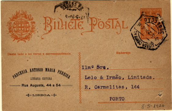 24Lis0805.jpg -     Lote:    805            Portugal       Descrição:         1918/20 &mdash; Ceres. OM61, 2C ocre, sobre cartolina camurça, circulado de Lisboa (09.05.20) para o Porto. Repicado na frente e verso por PARCERIA ANTÓNIO MARIA PEREIRA * LIVRARIA EDITORA * LISBOA. No verso inscrição (Modelo n.º 30). Furos de arquivo. B e R.        IC       Valor Base:     &euro; 20,00     Valor Venda:     &euro; 20,00     