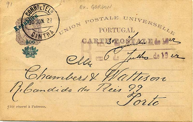 24Lis0806.jpg -     Lote:    806            Portugal       Descrição:         1921 &mdash; 4.º Centenário da Índia com sobretaxa sobre bilhetes do Continente. OM67(D) * Vasco da Gama, circulado de Sintra (30.06.22) para o Porto. MB.        IP       Valor Base:     &euro; 10,00     Valor Venda:     &euro; 10,00     