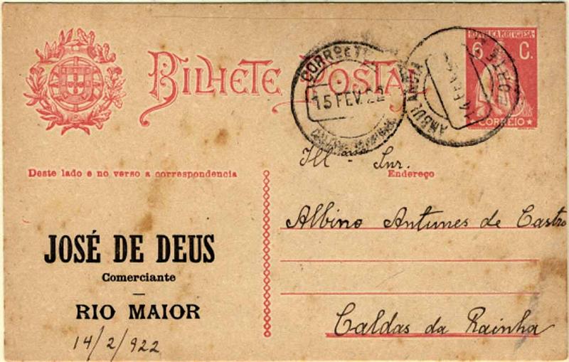 24Lis0807.jpg -     Lote:    807            Portugal       Descrição:         192&frac12;2 &mdash; Ceres. OM68, 6C rosa sobre cartolina Creme, circulado pela Ambulância Norte I (14.02.22) para Caldas da Rainha (15.02.22). Repicado na frente por JOSÉ DE DEUS / COMERCIANTE / RIO MAIOR.        IC       Valor Base:     &euro; 8,00     Valor Venda:     &euro; 22,00     