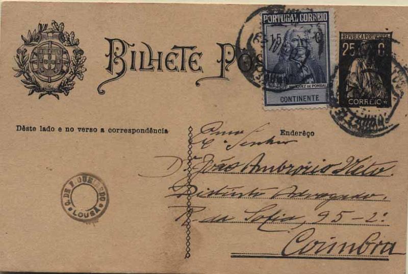 24Lis0809.jpg -     Lote:    809            Portugal       Descrição:         1924/26 &mdash; Ceres. OM74, 25C preto sobre cartolina camurça, circulado da Lousã (06.05.29) para Coimbra (07.05.1929) com selo de 15C de imposto postal Monumento ao Marquês de Pombal (Efígie) CE IP18.        IC       Valor Base:     &euro; 15,00     Valor Venda:     Retirado     