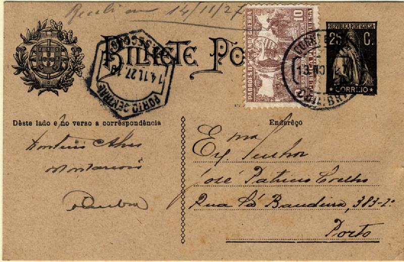 24Lis0811.jpg -     Lote:    811            Portugal       Descrição:         1923 &mdash; Ceres. Aumento de porte. OM74a, 25C preto, cartolina camurça, circulado de Coimbra (13.11.27) para o Porto (14.11.27), com selo de 10c sépia do imposto postal "Padrões da Grande Guerra" CE IP16. MB.        IC       Valor Base:     &euro; 15,00     Valor Venda:     Retirado     