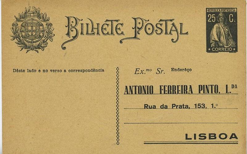 24Lis0812.jpg -     Lote:    812            Portugal       Descrição:         1924/26 &mdash; Ceres. OM74a (Enderêço) sobre cartolina camurça, repicado por António Ferreira Pinto, Ld.ª * Lisboa.        IN       Valor Base:     &euro; 5,00     Valor Venda:     Retirado     