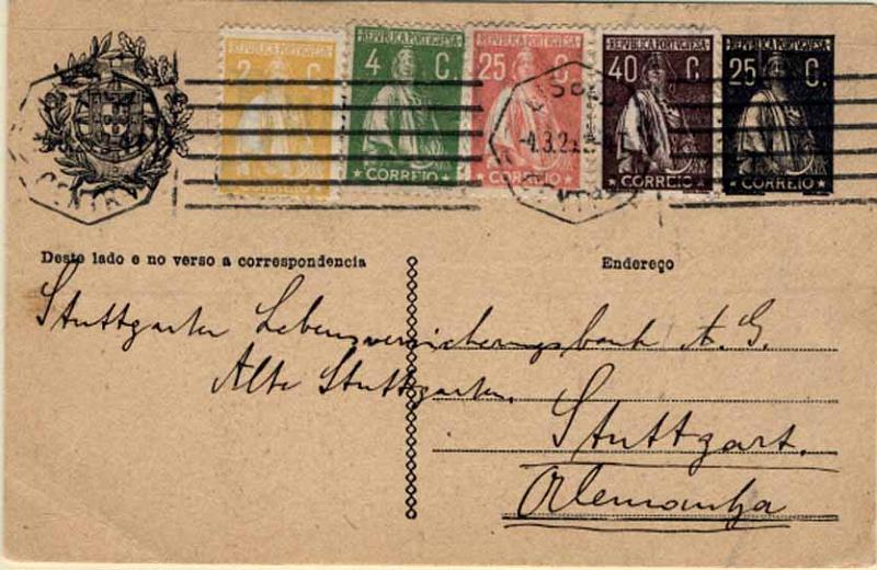 24Lis0813.jpg -     Lote:    813            Portugal       Descrição:         1924/26 &mdash; Ceres. OM74b, 25C preto sobre cartolina camurça "Endereço", circulado de Lisboa (04.03.25) para a Alemanha (09.03.25) com selos adicionais tipo Ceres de 2C, 4C, 25C e 40C, CE276, 226, 255 e 283. MB.        IC       Valor Base:     &euro; 6,00     Valor Venda:     &euro; 26,00     