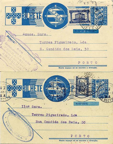 24Lis0816.jpg -     Lote:    816            Portugal       Descrição:         1941 &mdash; Tudo pela Nação, com sobrecarga manual azul, anulando as inscrições "RESPOSTA PAGA" e "RESPOSTA". OM91, $25 azul claro. Lote composto pela 1.ª e 2.ª folhas, circulados em Novembro e Dezembro de 1941, já com o selo adicional de $05 (Templo de Diana) CE566 motivado pelo aumento de porte a partir de (28.07.1941).        IP       Valor Base:     &euro; 10,00     Valor Venda:     Retirado     