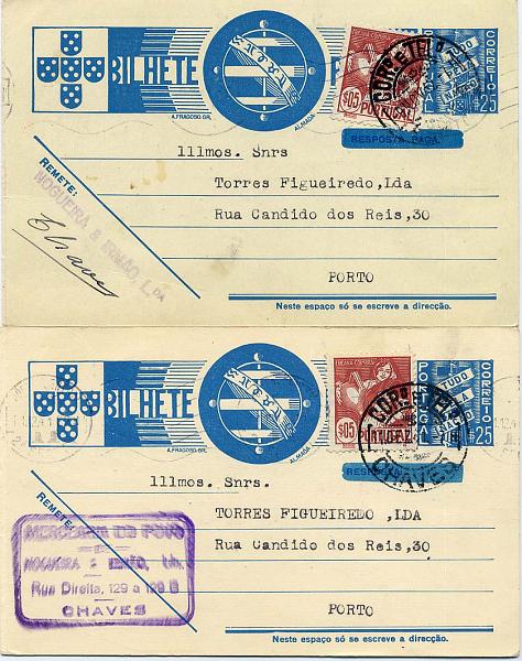24Lis0817.jpg -     Lote:    817            Portugal       Descrição:         1941 &mdash; Tudo pela Nação, com sobrecarga manual azul, anulando as inscrições "RESPOSTA PAGA" e "RESPOSTA". OM91, $25 azul claro. Lote composto pela 1.ª e 2.ª folhas, circulados em Novembro e Dezembro de 1941, já com o selo adicional de $05 (Costumes Portugueses) CE608 motivado pelo aumento de porte a partir de (28.07.1941).        IP       Valor Base:     &euro; 10,00     Valor Venda:     &euro; 10,00     