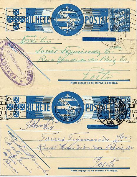 24Lis0818.jpg -     Lote:    818            Portugal       Descrição:         1941 &mdash; Tudo pela Nação, com sobrecarga manual azul, anulando as inscrições "RESPOSTA PAGA" e "RESPOSTA". OM91, $25 azul claro. Lote composto pela 1.ª e 2.ª folhas, circulados em Abril e Maio de 1941.        IP       Valor Base:     &euro; 8,00     Valor Venda:     &euro; 8,00     