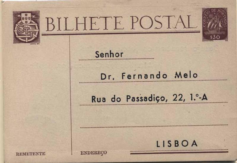 24Lis0820.jpg -     Lote:    820            Portugal       Descrição:         Caravela + Postilhão + Instrumentos do Trabalho. Inteiros repicados. Lote de 7 inteiros postais (um novo e seis circulados) repicados por: Fernando Melo, Sociedade de Lanifícios de Figueiró dos Vinhos Ld.ª, Papelaria Fernandes, Sousa Oliveira & Cardoso (2 diferentes), Silva, Guimarães & Cia e Junta Nacional do Vinho. Lote a ver.        PI       Valor Base:     &euro; 15,00     Valor Venda:     &euro; 15,00     