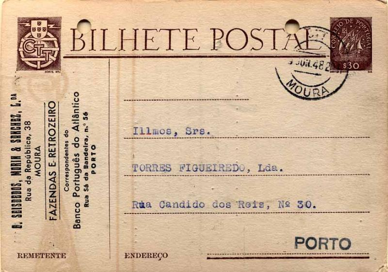 24Lis0821.jpg -     Lote:    821            Portugal       Descrição:         Inteiros repicados. Lote de 9 inteiros postais repicados, novos e usados, repicados por G. Seisdedos, Morin & Sanches, Ld.ª, Administração da Companhia de Seguros (3), Caixa de Previdência da Ministério da Educação Nacional, Banco Lisboa & Açores, O Lar do Comércio, L'Union dês Assurances de Paris e José Costa Lda.. Todos com furos de arquivo.        IC       Valor Base:     &euro; 20,00     Valor Venda:     &euro; 20,00     
