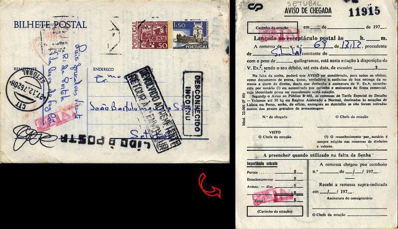 24Lis0825.jpg -     Lote:    825            Portugal       Descrição:         1976 &mdash; Paisagens e Monumentos com novo selo "Apoio à Produção Nacional". OM165, $50 castanho vermelho + 1$50 azul, castanho e preto, com tarja fosforescente ao lado do selo de 1$50. Circulado de Gaia para Setúbal (27.12.76) e devolvido ao remetente. Carimbo ferroviário batido a vermelho de GAIA + carimbo batido a preto de Setúbal "LIDO À POSTA". Repicado pela CP (Mod. 22-066 * F 90). MB e R.        IC       Valor Base:     &euro; 15,00     Valor Venda:     Retirado     