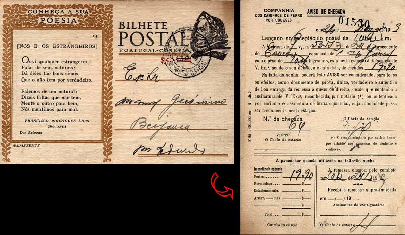 24Lis0827.jpg -     Lote:    827            Portugal       Descrição:         1948 &mdash; Conheça a sua Poesia com sobretaxa. OM114, $50 s/ $30 preto (sobretaxa carmim), circulado, repicado pela Companhia dos caminhos de Ferro Portugueses (Mod. F90-100.000 ex &mdash; 9-1959".        IC       Valor Base:     &euro; 10,00     Valor Venda:     &euro; 10,00     