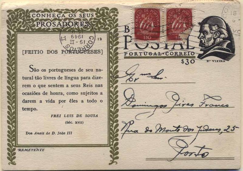 24Lis0828.jpg -     Lote:    828            Portugal       Descrição:         1948 &mdash; Séries "Conheça os seus Prosadores e Conheça a sua Poesia". Selo Camões (poesia) e P. Vieira (prosadores). OM110, $30 (n.º 2, 3 e 6) e OM111, $30 (n.ºs 12 e 24). Todos circulados com selos adicionais tipo Caravela.        Lote       Valor Base:     &euro; 5,00     Valor Venda:     &euro; 8,00     