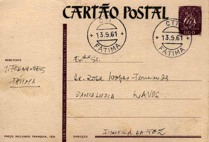 24Lis0832.jpg -     Lote:    832            Portugal       Descrição:         1952 &mdash; Alusivos a Nossa Senhora de Fátima. Folha dupla, dobrada por cima, com selo tipo Caravela. OM122, 1$00 lilás-vermelho escuro. Tipo C "NOSSA SENHORA DE FÁTIMA". Lote de dois inteiros, um circulado de Fátima (13.09.61) para Lavos e outro novo. Emitidos apenas 40.000 exemplares.        IC/IN       Valor Base:     &euro; 15,00     Valor Venda:     Retirado     